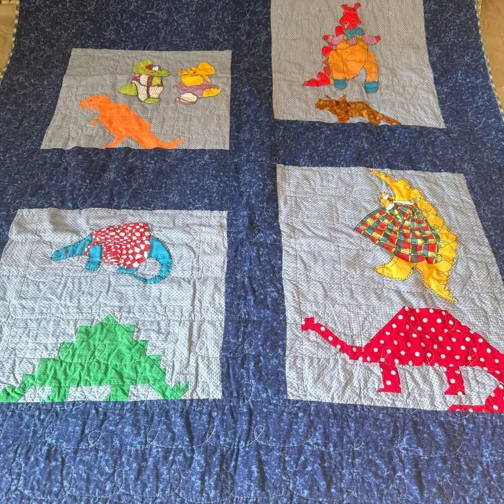 Hand Made Vintage Crib Quilt 42x66 Dinosaur Themed Rustic Retro Machine Quilted